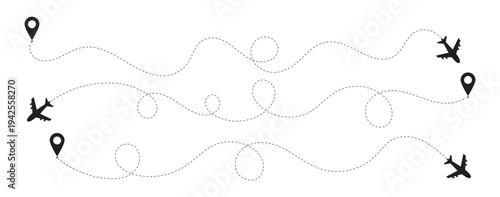 Airplane line path icon set. Airplane routes vector set. Plane flight path vector set. Airplane with dotted line route.  Minimal navigation and message delivery concept for communication and journey 