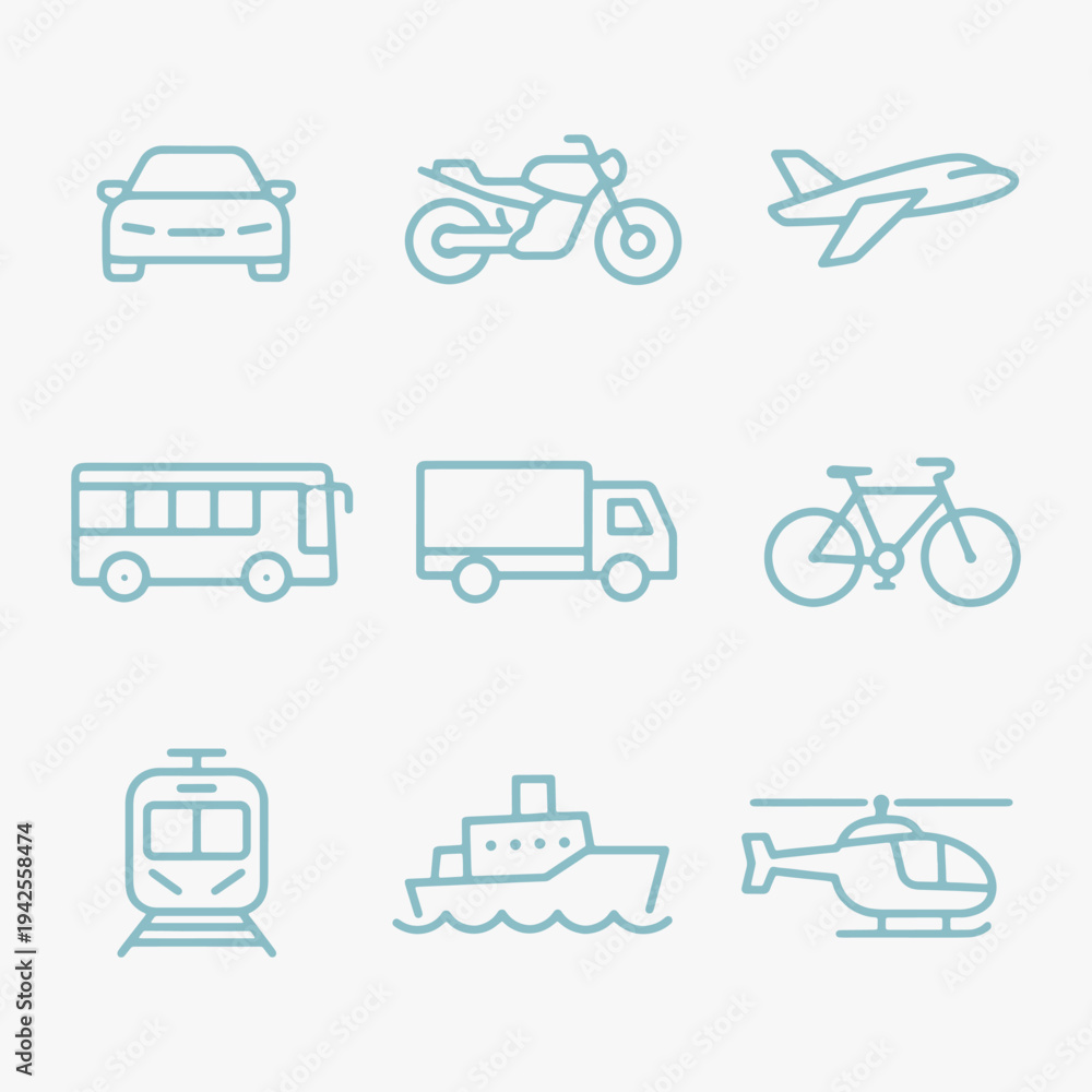 Obraz premium A set of transport vehicles icons focuses on simplicity, elegance, and ease of recognition. Vector Sign for Logos, Labels, and Icons.