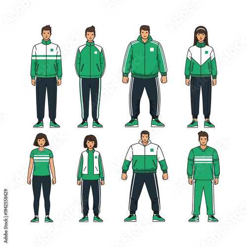 Diverse group in green sports tracksuits posing isolated on white background