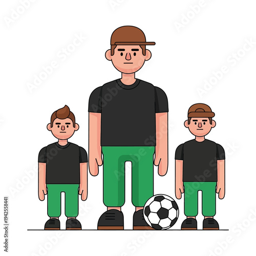 Father and two sons playing soccer in green jerseys and shorts on white background
