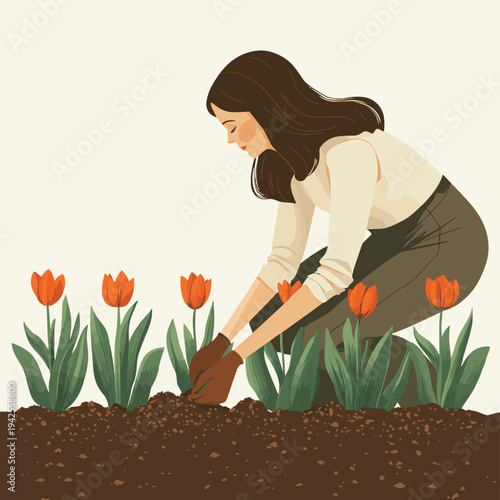 A woman planting tulip bulbs in a neat row in rich soil, embodying a serene gardening concept for spring renewal. , vector style simple color