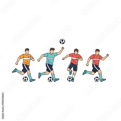 Four diverse soccer players in action kicking ball flat vector illustration teamwork sports competition