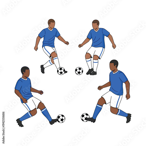 Soccer players in action kicking ball teamwork blue uniforms dynamic motion sports competition