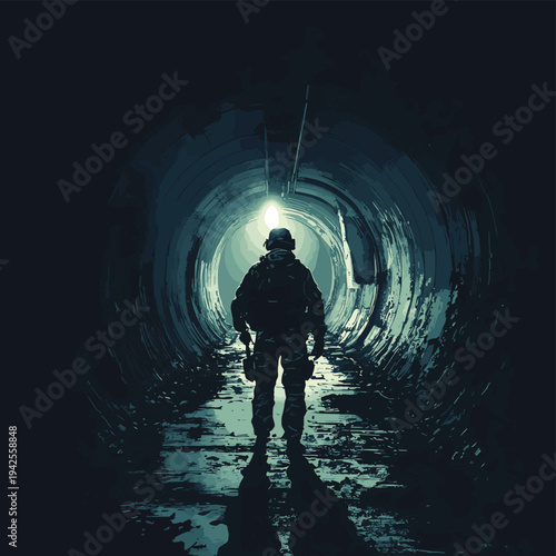 A vigilant soldier shines a bright flashlight beam through a long, dark, and mysterious concrete tunnel during a dangerous tactical operation concept. , vector style simple color
