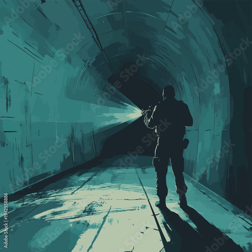 A vigilant soldier shines a bright flashlight beam through a long, dark, and mysterious concrete tunnel during a dangerous tactical operation concept. , vector style simple color