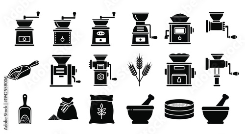 Collection of coffee grinders beans and accessories in black silhouette