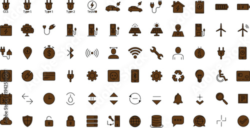 Electric vehicle charging and smart mobility icon set with plugs batteries stations connectivity security and energy symbols