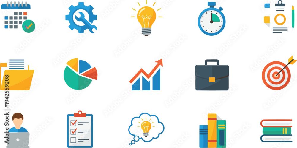 Fototapeta premium Business Productivity Icons Set with Calendar Growth Chart Briefcase Target and Idea