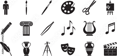 A collection of icons representing various arts and entertainment activities isolated on transparent background, Vector