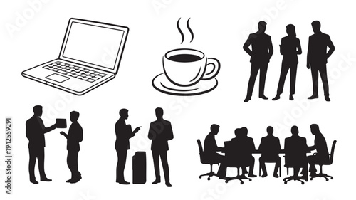 Business People Silhouettes with Laptop and Coffee Cup in Modern Minimalist Style with Simple Black Silhouettes for Corporate Illustration