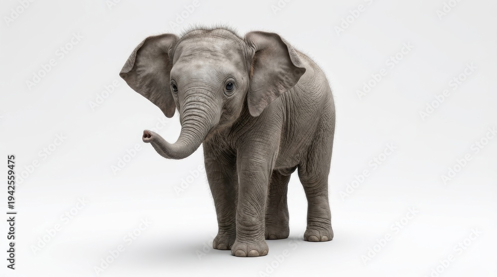 Obraz premium small elephant stands alone on plain white background