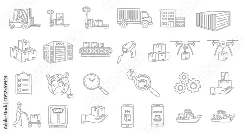 Logistics and transportation icons set in linear style silhouette high quality