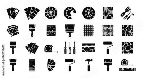 Collection of black tool and pattern icons in a graphic arrangement silhouette
