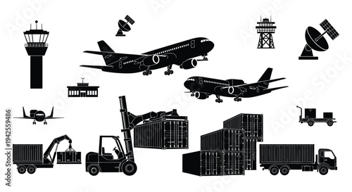Airport infrastructure and aircraft depicted in a striking black silhouette