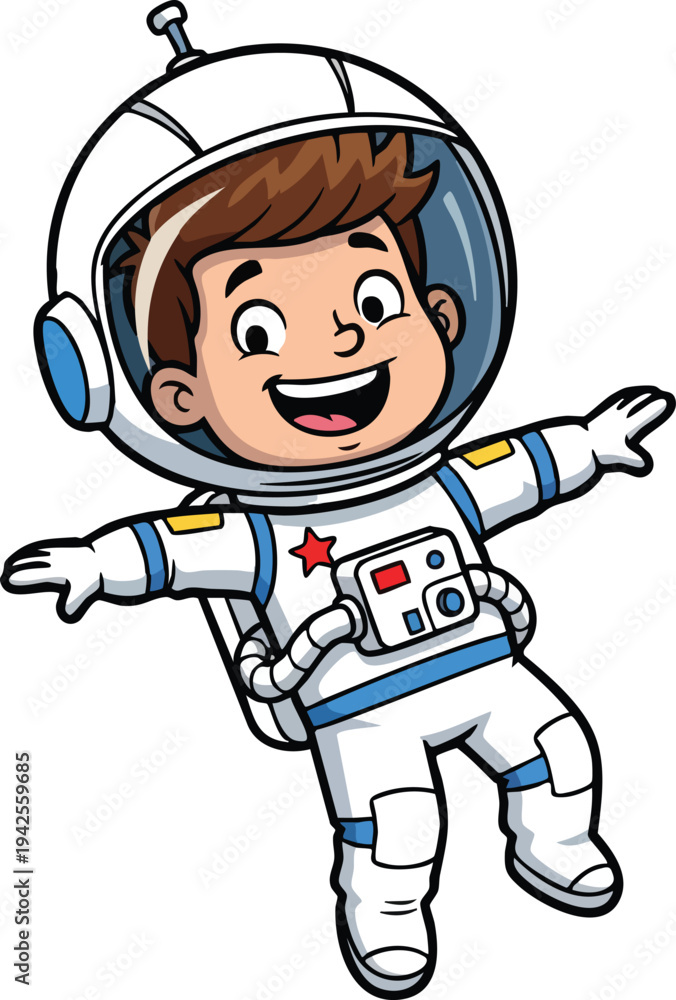 Obraz premium Happy Cartoon Boy Astronaut Floating in Space Wearing a White Spacesuit.