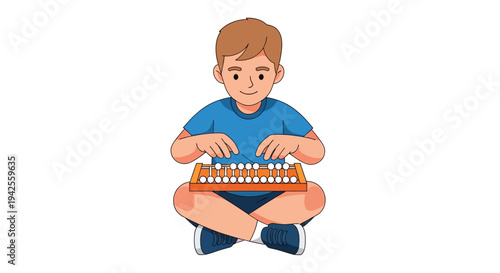 Young boy sitting cross-legged and learning mathematics using an abacus for arithmetic calculation practice and education