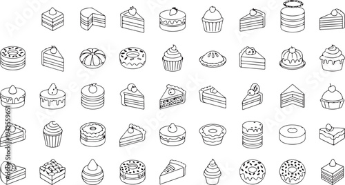 A delightful assortment of 36 different cakes, pastries, and desserts isolated on transparent background, Vector