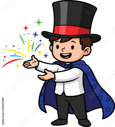 Young magician performing a magic trick with colorful sparkles.