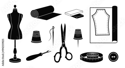 Sewing tools and dress form collection in a black silhouette