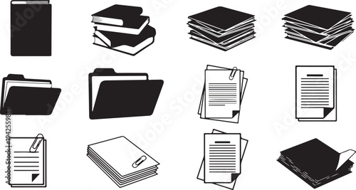 A collection of various types of books and documents in different formats isolated on transparent background, Vector