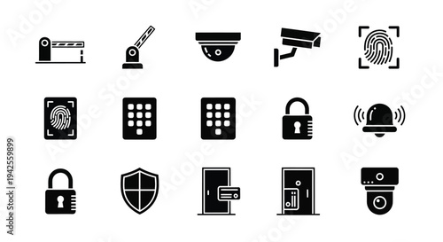 Black security icons depicting surveillance access control and data protection silhouette