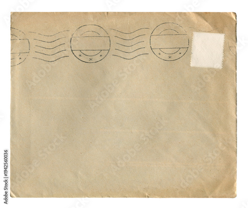 Vintage brown postal envelope with postmark lines and blank stamp area isolated on white
