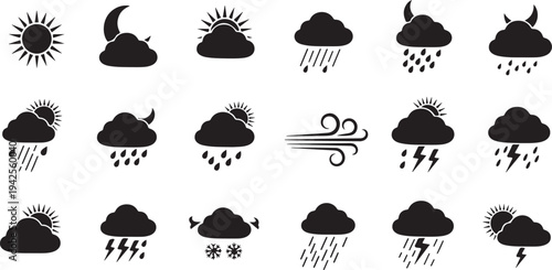 A collection of diverse weather icons depicting various atmospheric conditions isolated on transparent background, Vector