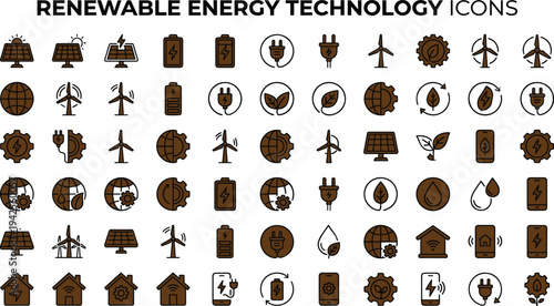 Renewable energy technology icon set with solar panels wind turbines batteries plugs and sustainable electricity symbols