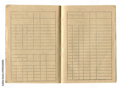 Konstfotografi Open vintage accounting ledger with blank ruled pages on white