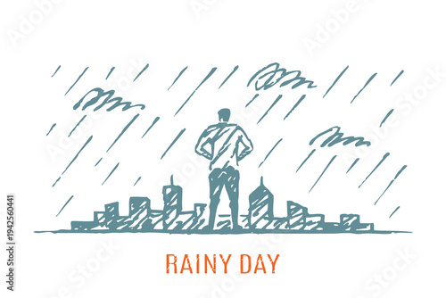 Rainy Day Sketch - man standing over city in heavy rain