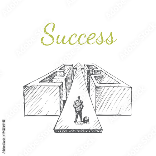 Success Sketch - businessman choosing direct path in maze