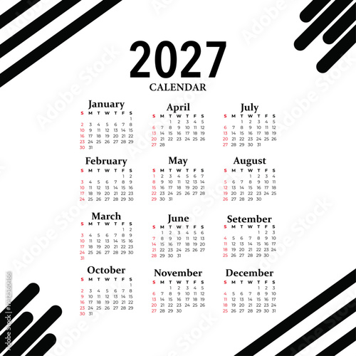 Minimalist 2027 calendar with monthly layout and black design elements