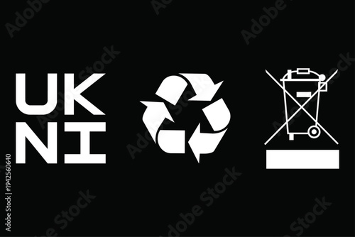 UKNI recycling symbol and weee trash can icons on black background