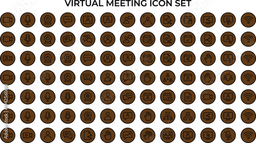 Virtual meeting and video conference icon set with microphone camera chat participants webinar communication symbols