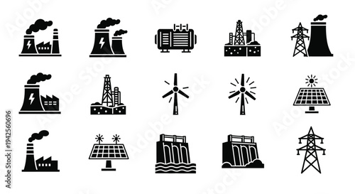 Industrial energy sources and power generation icons in black silhouette