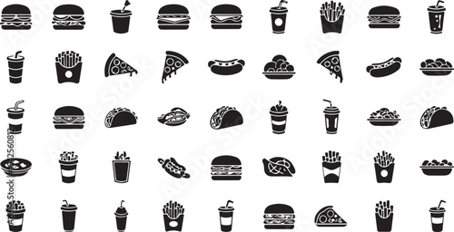 A comprehensive collection of various food items in black and white illustration isolated on transparent background, Vector