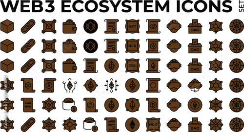 Web3 blockchain ecosystem icon set with cryptocurrency tokens smart contracts nft dao governance and decentralized network symbols