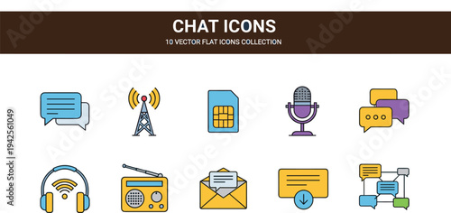 Chat communication icons set including microphone radio messages headset and email conversation symbols vector collection
