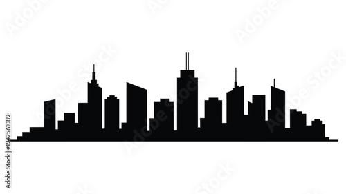 A striking black silhouette showcases a modern cityscape against a white background