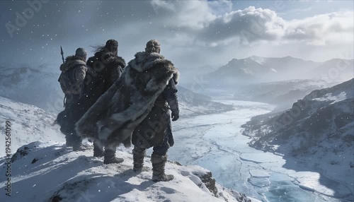 Viking warrior medieval adventurer fur cloak snowy mountain and frozen river winter landscape, epic journey dramatic sky fantasy scene with ancient explorer warrior army snowy cliff heroic adventure