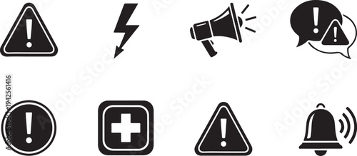 A collection of various warning and alert symbols and icons isolated on transparent background, Vector