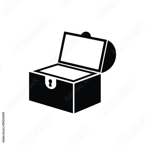 Simple black and white illustration of an open treasure chest icon