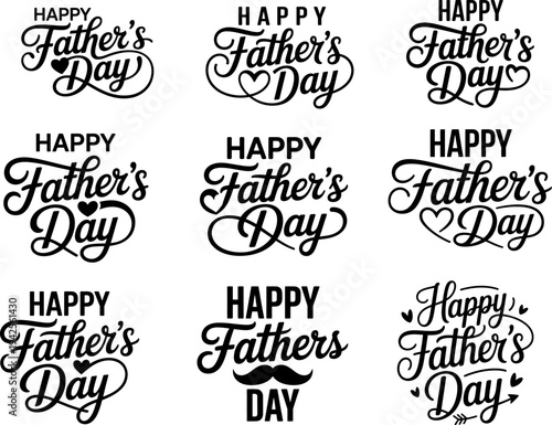 Happy Father's Day vector typography set with elegant script lettering hearts and mustache for parental celebration and gift cards