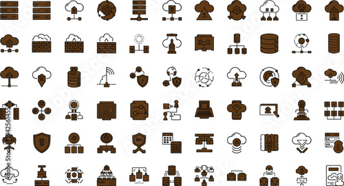 Cloud computing and data infrastructure icon set with servers databases storage networking security and distributed technology symbols