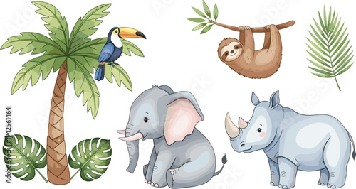 Jungle Animals with Palm Tree, Sloth, Toucan, Elephant, and Rhino Illustration"