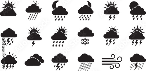 A comprehensive collection of various weather icons depicting different conditions. isolated on transparent background, Vector