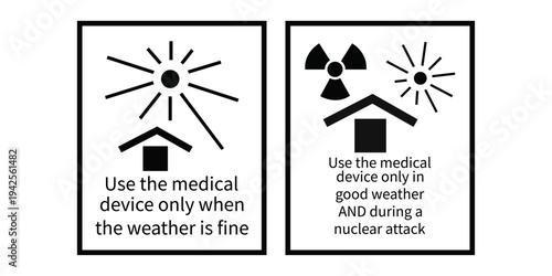 Humorous warning signs for medical device usage in various conditions