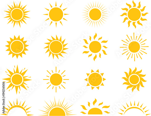 Yellow sun icon set, sunshine and solar glow, sunrise or sunset. Decorative circle full and half sun and sunlight. Hot solar energy for tan. Vector sign
