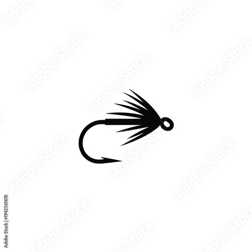 A simple black silhouette of a fishing fly with a curved hook