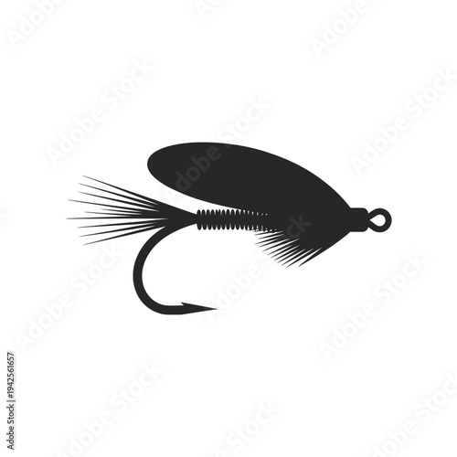 A black silhouette of a fishing lure with a feathered tail and hook
